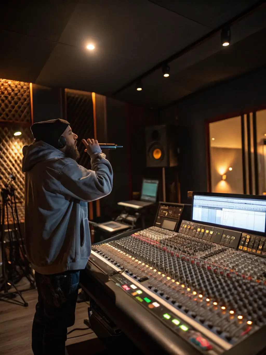 A photo of a recording session in a professional studio, featuring an independent artist working with BALANCE ASSOCIATION's production team.