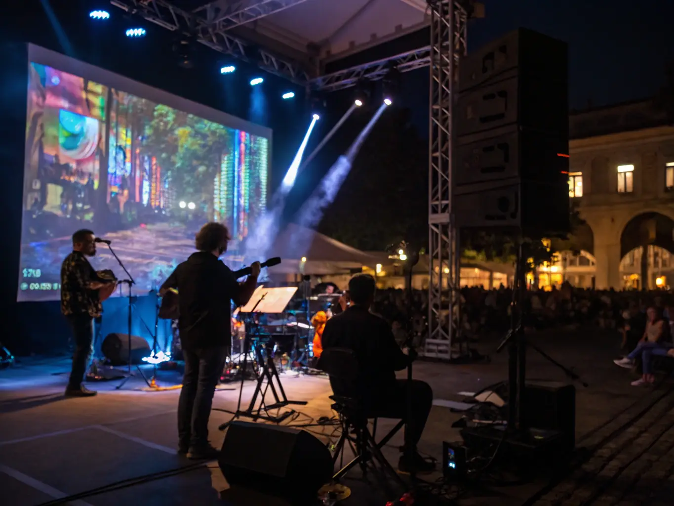 A dynamic image of a multidisciplinary performance featuring dance, music, and visual arts, highlighting the innovative and inclusive nature of BALANCE ASSOCIATION's events.