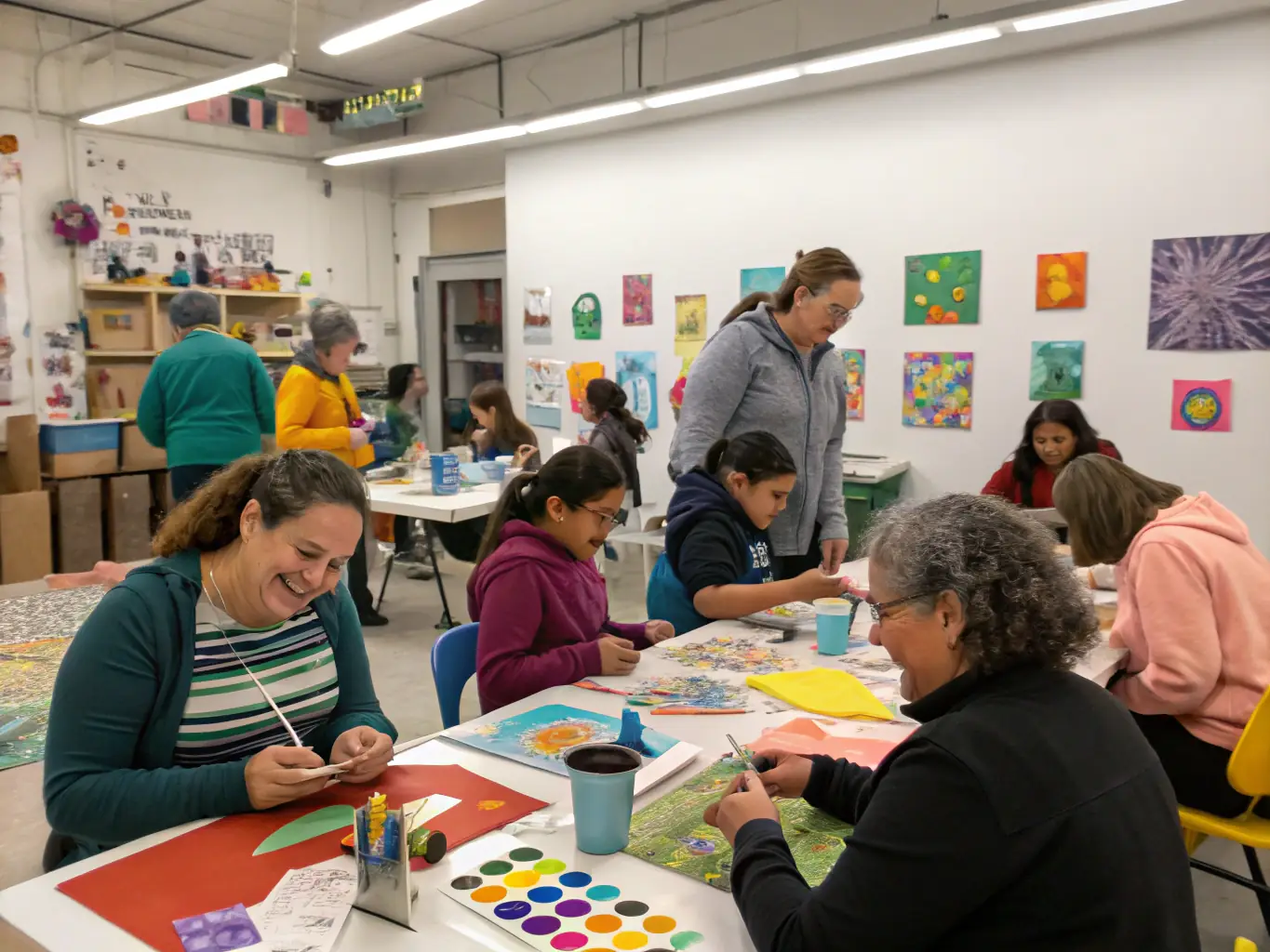 A community workshop with participants engaging in arts activities, led by facilitators, illustrating BALANCE ASSOCIATION's dedication to expanding public access to the arts and fostering cultural participation.