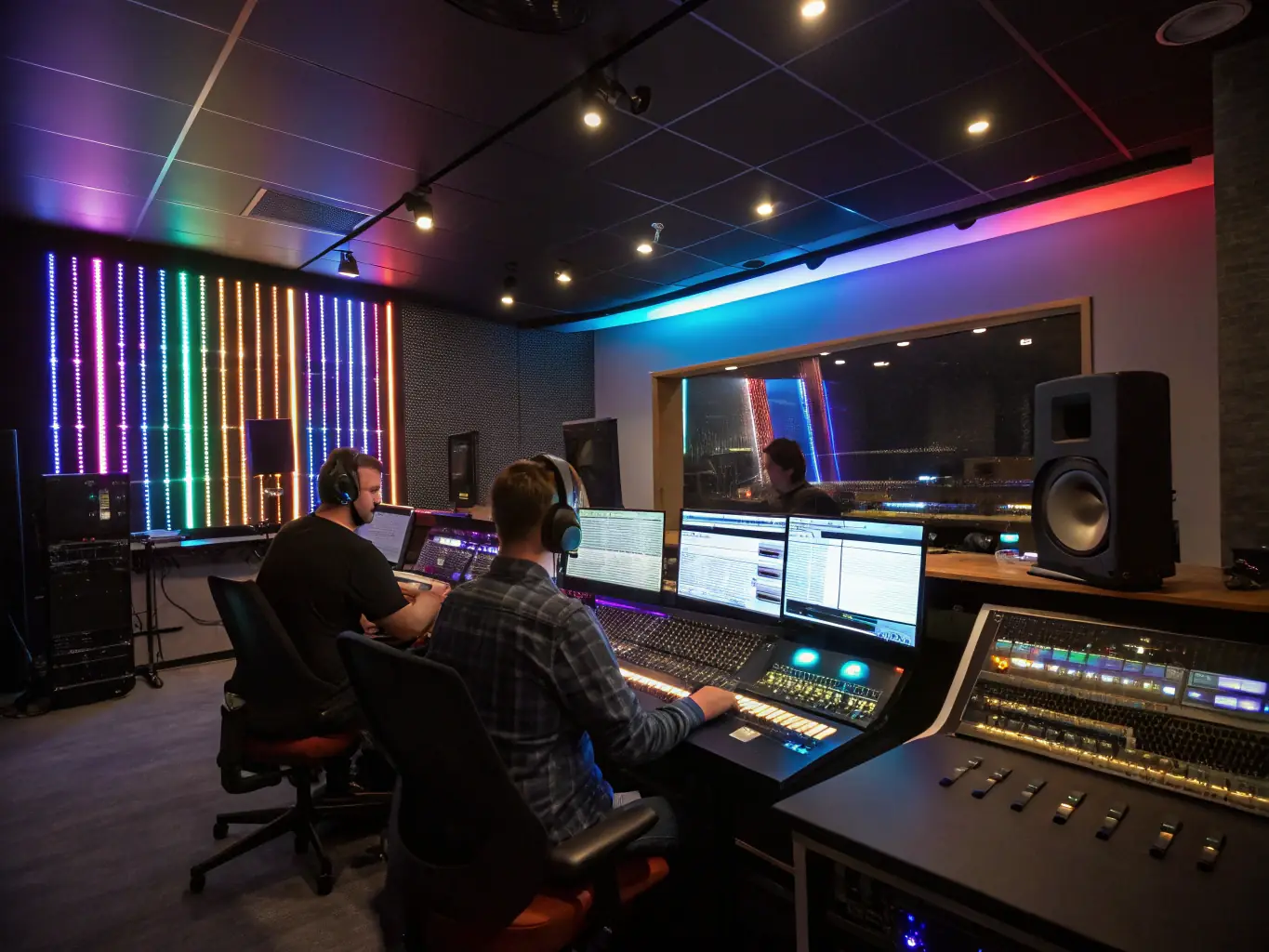 A recording studio with artists working on their music, surrounded by professional equipment, highlighting BALANCE ASSOCIATION's commitment to supporting independent artists through production and recording services.