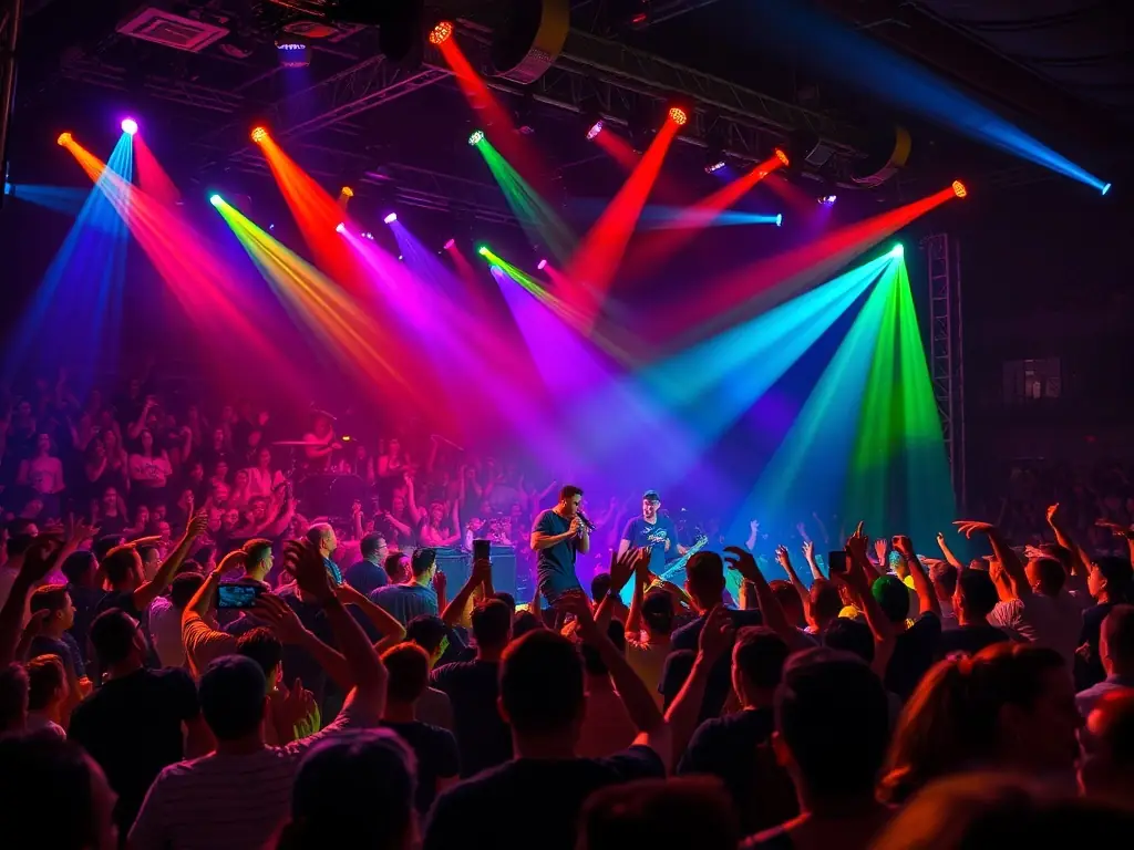 A vibrant photograph capturing a live concert scene with musicians on stage and an enthusiastic audience, showcasing the energy and excitement of a BALANCE ASSOCIATION event.