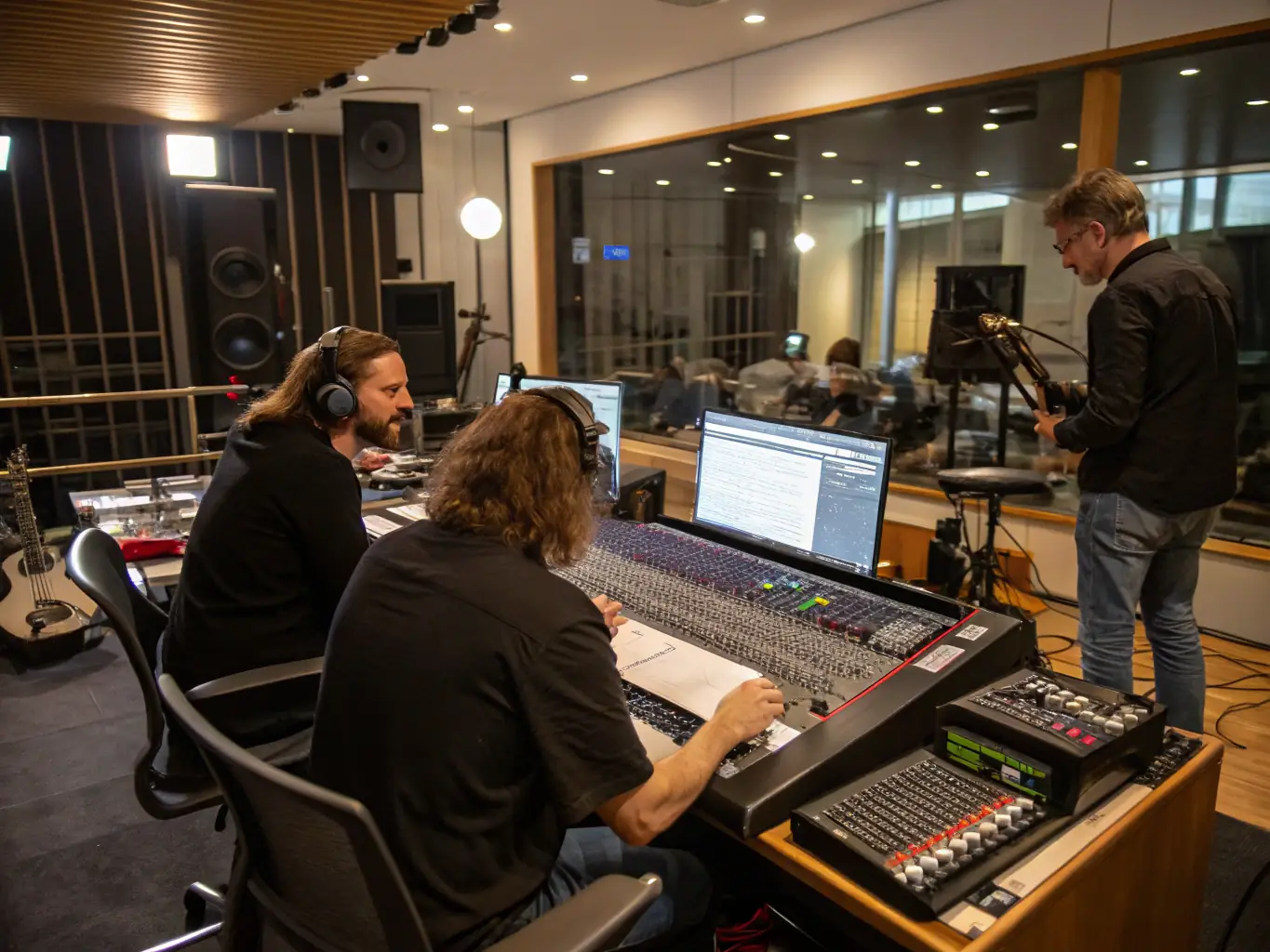 An image of artists working in a recording studio, supported by BALANCE ASSOCIATION, highlighting the creative process and the organization's commitment to artist development.