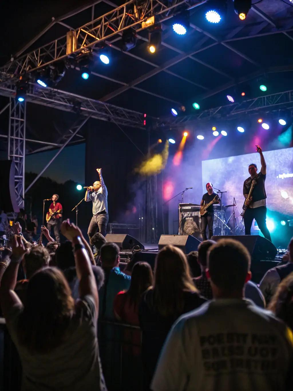 A vibrant photograph capturing a live music performance organized by BALANCE ASSOCIATION, showcasing diverse musicians on stage with an enthusiastic audience.